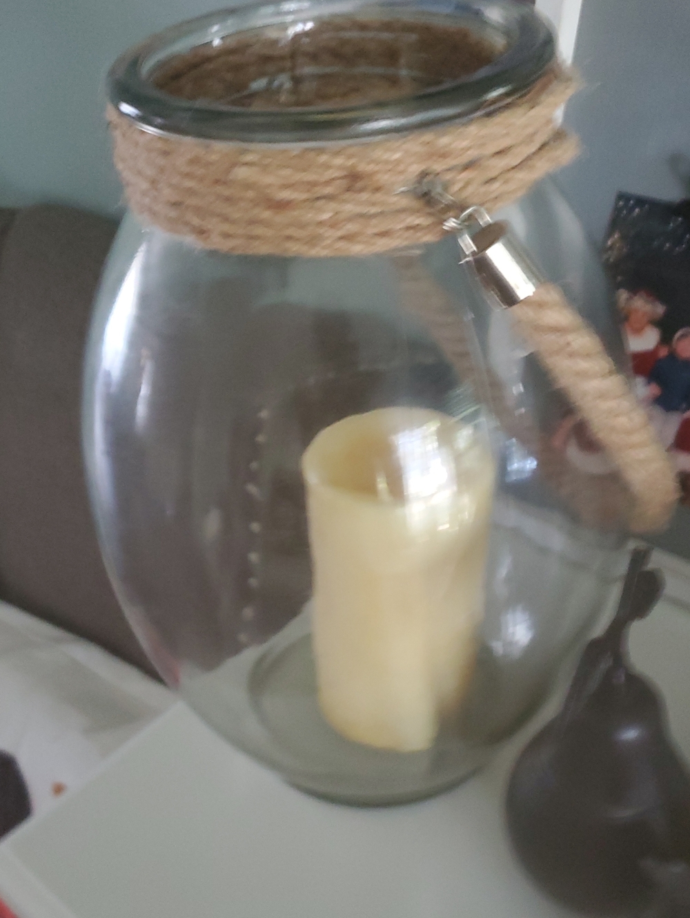 Glass Jar Lantern with Beige Rope Handle and Candle Never Used